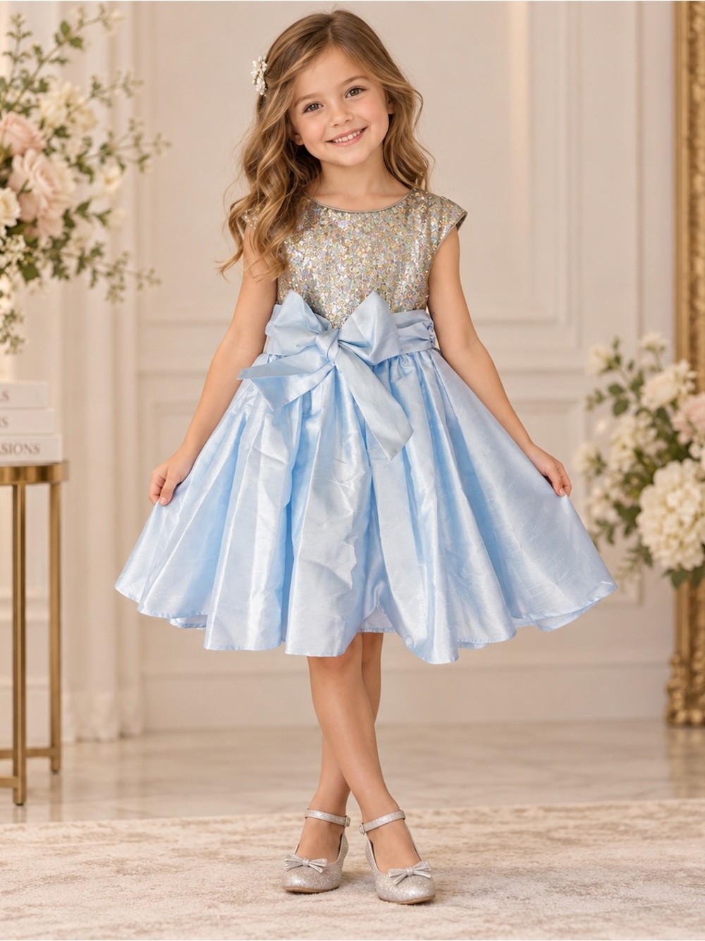 Pippa & Julie Girls 6 Blue Silver Sequin Bow Party Formal Dress NWT